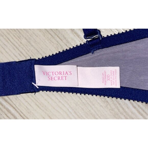 Victorias Secret Push Up Bra Lace Padded Underwire Rhinestones Womens 32D Blue - Picture 6 of 6